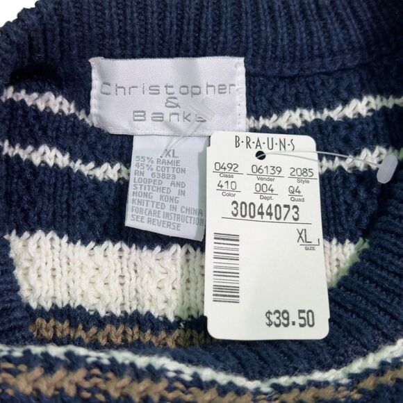 Christopher & Banks Sweater Women's XL Brown Blue Knit Striped Crew Neck Thermal - Picture 6 of 8